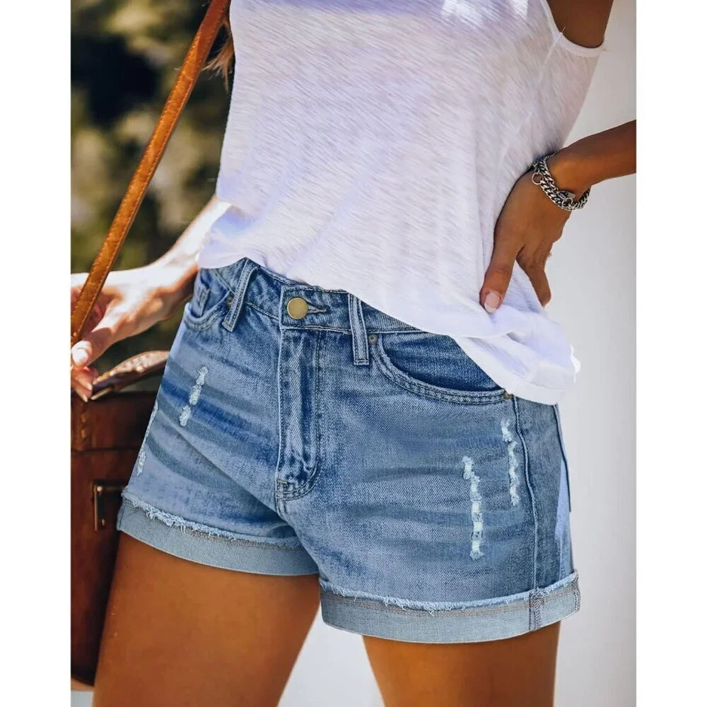 Women's Stretchy Denim Shorts Casual Mid Rise Ripped Summer Hot Pants